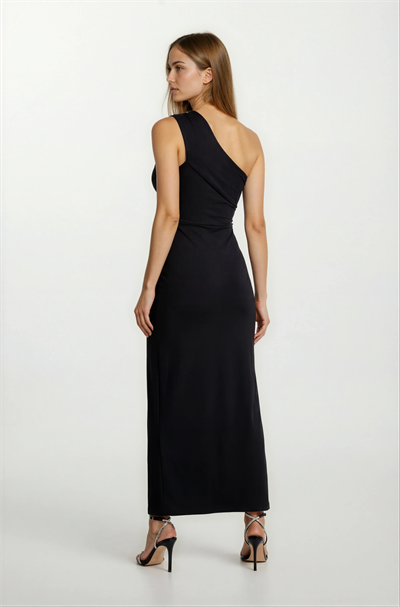 Dardano Tek Kol Yanı Büzgülü Uzun Abiye Elbise SİYAH