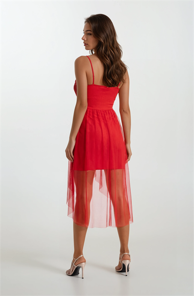 Darianna Kalp Yaka Askılı Önü Kısa Arkası Uzun Kısa Abiye Elbise KIRMIZI