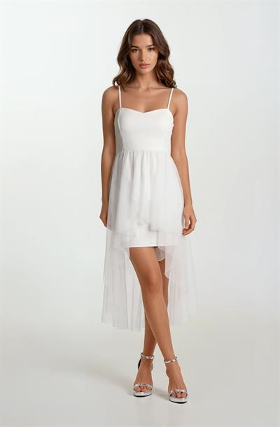 Darianna Kalp Yaka Askılı Önü Kısa Arkası Uzun Kısa Abiye Elbise BEYAZ