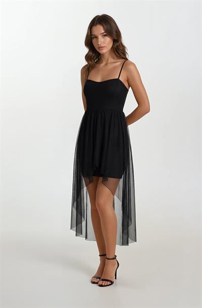 Darianna Kalp Yaka Askılı Önü Kısa Arkası Uzun Kısa Abiye Elbise SİYAH