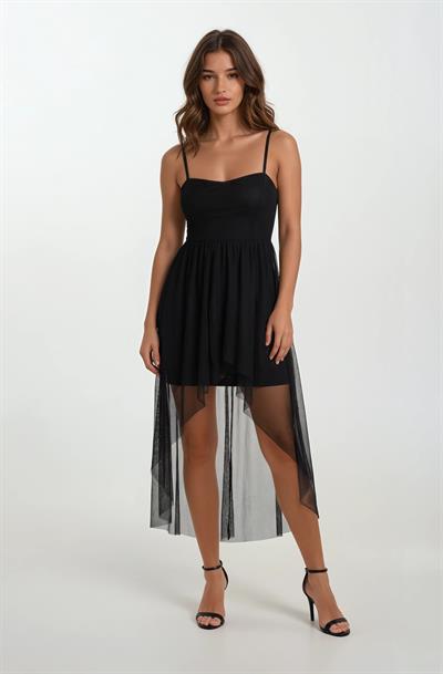 Darianna Kalp Yaka Askılı Önü Kısa Arkası Uzun Kısa Abiye Elbise SİYAH