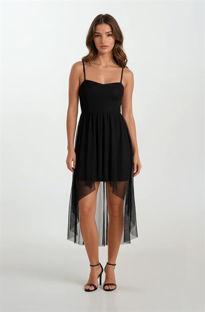 Darianna Kalp Yaka Askılı Önü Kısa Arkası Uzun Kısa Abiye Elbise SİYAH