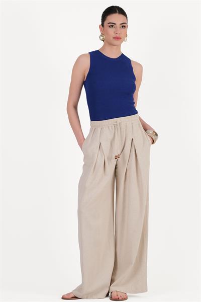 Darina A Pileli Beli Lastikli Salaş Pantolon BEJ