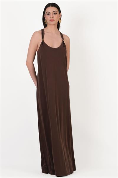 Darma U Yaka Örgü Aksesuar Detaylı Salaş Elbise KAHVE