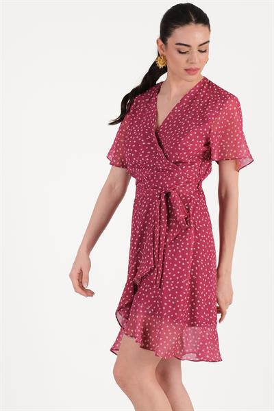 Davida Kruvaze Yaka Volanlı Elbise FUŞYA