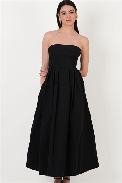 Davidino Straplez Sırt Gipe Lastik Pileli Elbise SİYAH