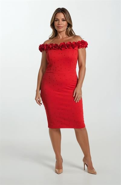 Deana Kayık Yaka Çiçekli Boncuk Detaylı Yırtmaçlı Kısa Abiye Elbise KIRMIZI