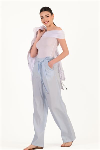 Debora Yüksek Bel Pileli Kuşaklı Pantolon MAVİ