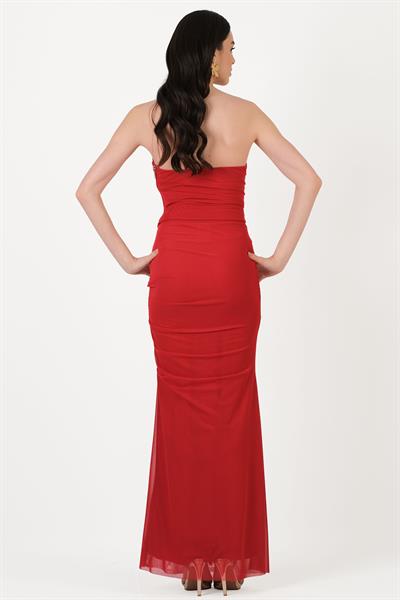 Decima Metal Fermuarlı Straplez  Bustiyer Yanı  Büzgülü Etek Takım KIRMIZI