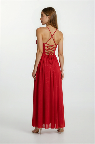 Decio Korsajlı Sırt Çarpraz Bağlamalı İnce Askılı Yırtmaçlı Uzun Abiye Elbise KIRMIZI