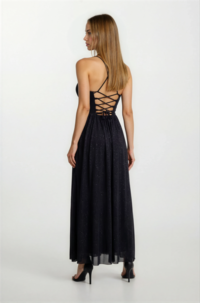 Decio Korsajlı Sırt Çarpraz Bağlamalı İnce Askılı Yırtmaçlı Uzun Abiye Elbise SİYAH