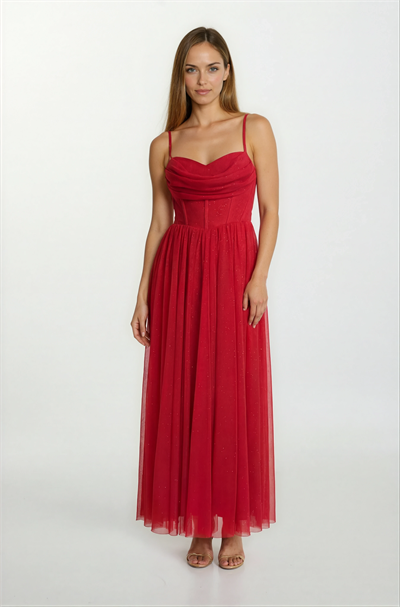 Decio Korsajlı Sırt Çarpraz Bağlamalı İnce Askılı Yırtmaçlı Uzun Abiye Elbise KIRMIZI