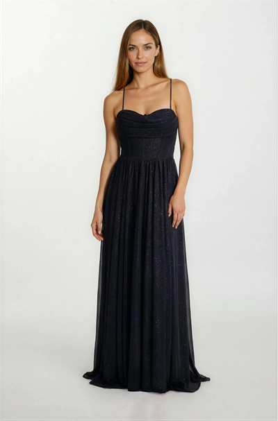 Decio Korsajlı Sırt Çarpraz Bağlamalı İnce Askılı Yırtmaçlı Uzun Abiye Elbise SİYAH