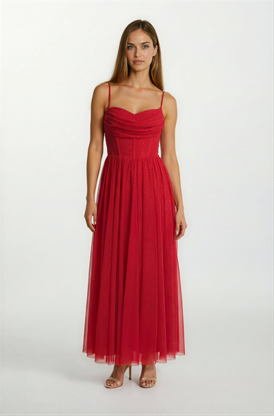 Decio Korsajlı Sırt Çarpraz Bağlamalı İnce Askılı Yırtmaçlı Uzun Abiye Elbise KIRMIZI