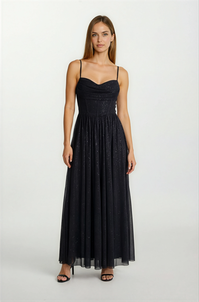 Decio Korsajlı Sırt Çarpraz Bağlamalı İnce Askılı Yırtmaçlı Uzun Abiye Elbise SİYAH