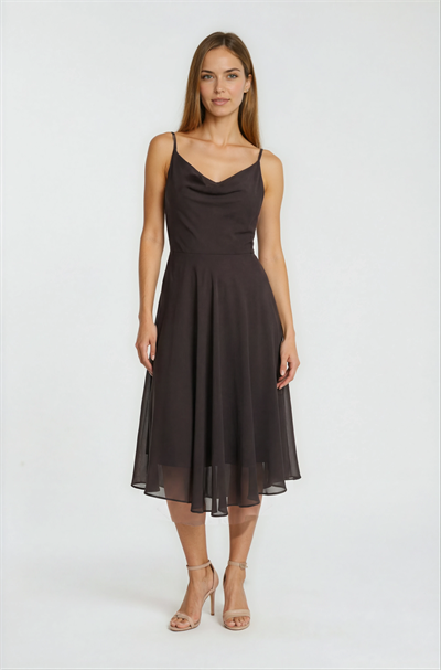 Degaje Yaka İnce Askılı Sırt Gipe Lastikli Kloş Elbise KAHVE