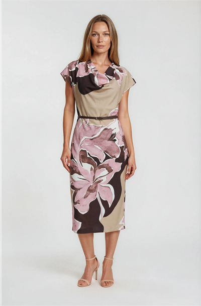 Degaje Yaka Kolsuzı Midi Desenli Elbise PEMBE