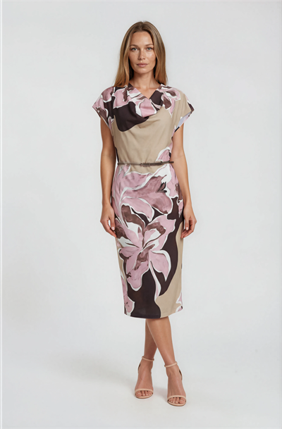 Degaje Yaka Kolsuzı Midi Desenli Elbise PEMBE