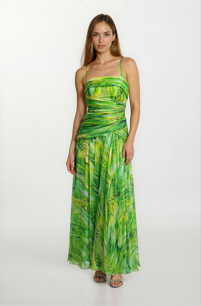 Degna Straplez Yaka Göğüs Piliseli Uzun Abiye Elbise YEŞİL