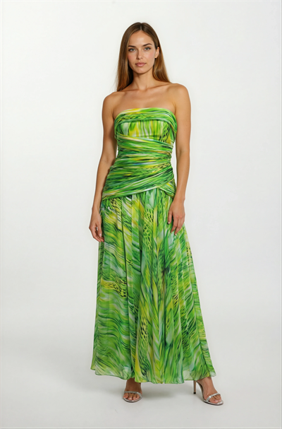 Degna Straplez Yaka Göğüs Piliseli Uzun Abiye Elbise YEŞİL