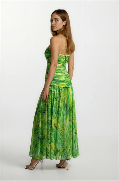 Degna Straplez Yaka Göğüs Piliseli Uzun Abiye Elbise YEŞİL