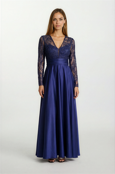 Deledda V Yaka Üstü Tül Taş İşlemeli Bel Drapeli Kloş Uzun Abiye Elbise LACİVERT