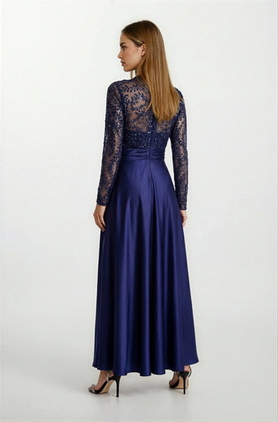 Deledda V Yaka Üstü Tül Taş İşlemeli Bel Drapeli Kloş Uzun Abiye Elbise LACİVERT