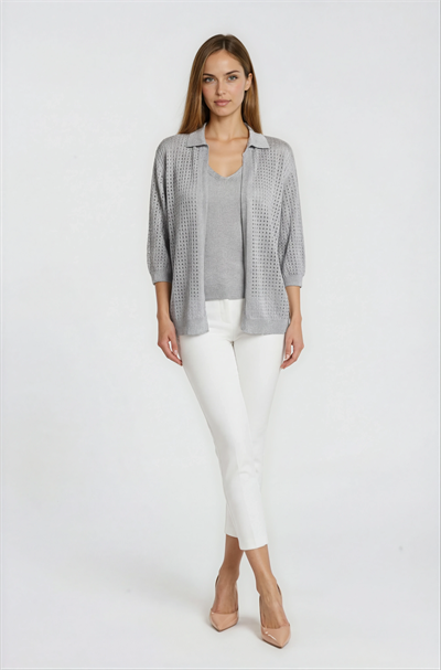 Delikli Polo Yaka Triko Hırka GRİ