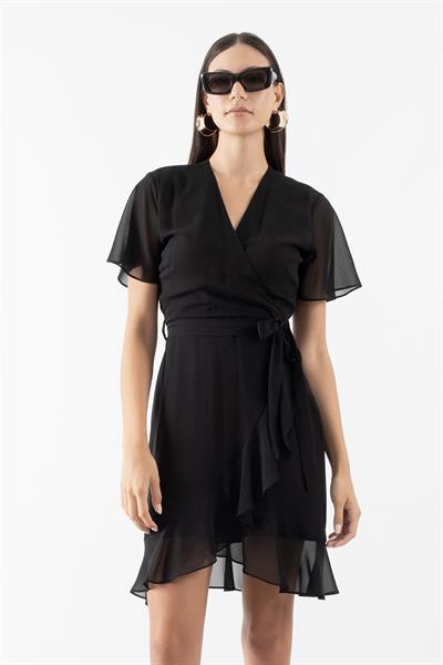Delizio Kruvaze Yaka Volanlı Elbise SİYAH