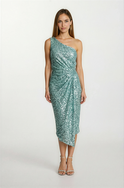 Delmo Tek Omuz Kayık Yaka Anvelop Pileli Kısa Abiye Elbise MİNT