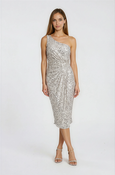 Delmo Tek Omuz Kayık Yaka Anvelop Pileli Kısa Abiye Elbise BEJ