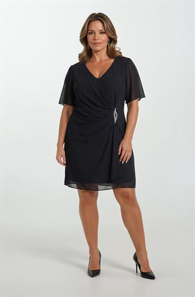 Demostene V Yaka Büzgülü Taş İşleme Detaylı Midi Abiye Elbise SİYAH