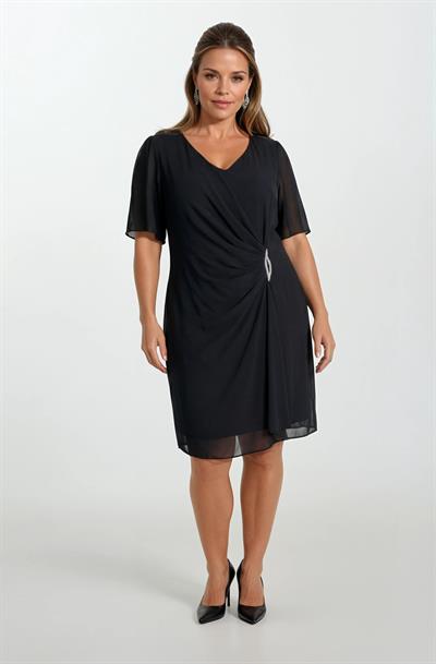 Demostene V Yaka Büzgülü Taş İşleme Detaylı Midi Abiye Elbise SİYAH