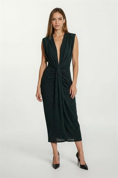 Denisio Omuz Pileli Önü Derin V Taşlı Uzun Abiye Elbise YEŞİL