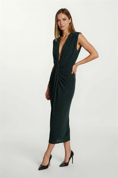 Denisio Omuz Pileli Önü Derin V Taşlı Uzun Abiye Elbise YEŞİL