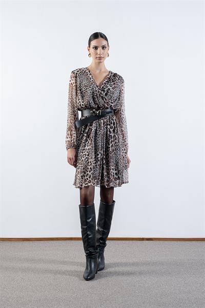 Deodato Kruvaze Yaka Kloş Kemerli Elbise SİYAH