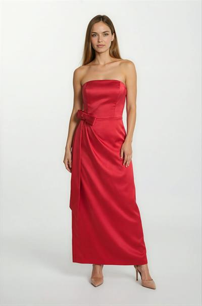 Desolina Straplez Belde Fiyonk Detaylı Anvelop Uzun Abiye Elbise KIRMIZI