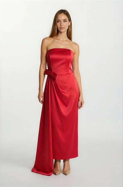 Desolina Straplez Belde Fiyonk Detaylı Anvelop Uzun Abiye Elbise KIRMIZI