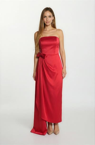 Desolina Straplez Belde Fiyonk Detaylı Anvelop Uzun Abiye Elbise KIRMIZI