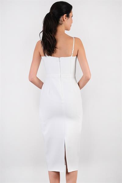 Detmer Kalp Yaka İnce Askılı Midi Abiye Elbise EKRU