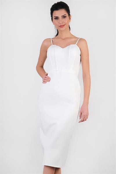 Detmer Kalp Yaka İnce Askılı Midi Abiye Elbise EKRU
