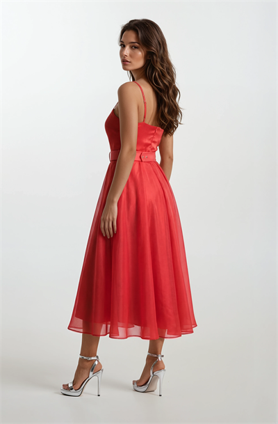 Devaney Kalp Yaka İnce Askılı Taşlı Kemerli Uzun Abiye Elbise KIRMIZI