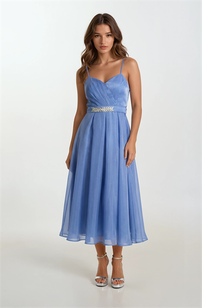 Devaney Kalp Yaka İnce Askılı Taşlı Kemerli Uzun Abiye Elbise İNDİGO