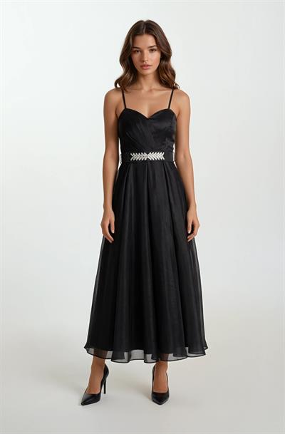 Devaney Kalp Yaka İnce Askılı Taşlı Kemerli Uzun Abiye Elbise SİYAH