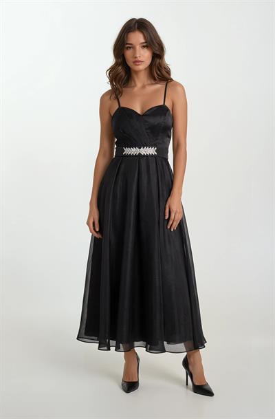 Devaney Kalp Yaka İnce Askılı Taşlı Kemerli Uzun Abiye Elbise SİYAH