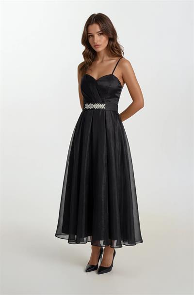 Devaney Kalp Yaka İnce Askılı Taşlı Kemerli Uzun Abiye Elbise SİYAH