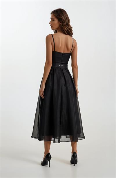 Devaney Kalp Yaka İnce Askılı Taşlı Kemerli Uzun Abiye Elbise SİYAH