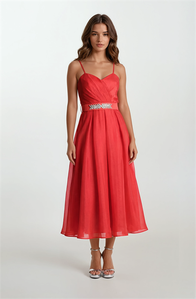 Devaney Kalp Yaka İnce Askılı Taşlı Kemerli Uzun Abiye Elbise KIRMIZI