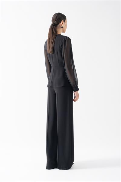 Diamante V  Yaka Kruvaze Tek Düğme Kolları Şifon Ceket SİYAH