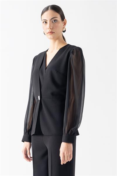 Diamante V  Yaka Kruvaze Tek Düğme Kolları Şifon Ceket SİYAH